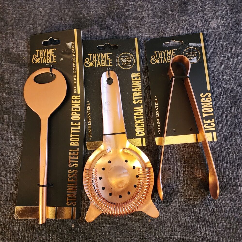 Thyme & Table Brushed Copper Stainless Steel Kitchen Utensils NIP Tongs Strainer